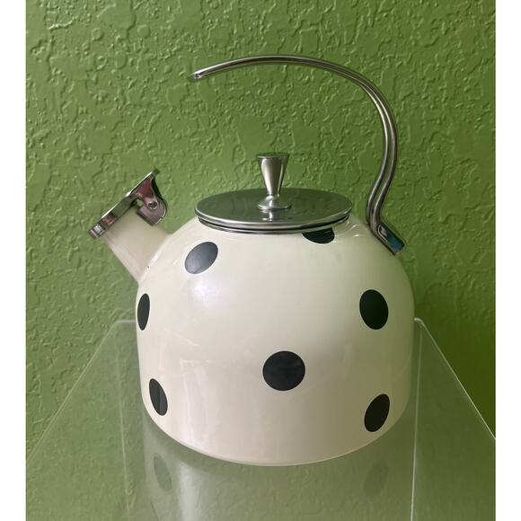 Kate Spade Lenox Tea Kettle Deco Polka Dot White Black 2.5qt Enamel Stainless - Picture 5 of 11